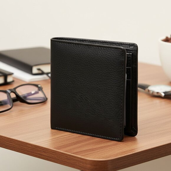 Vegan Leather Men's Bifold Wallet Black Faux Slim Minimalist Gift Like New - Picture 1 of 9